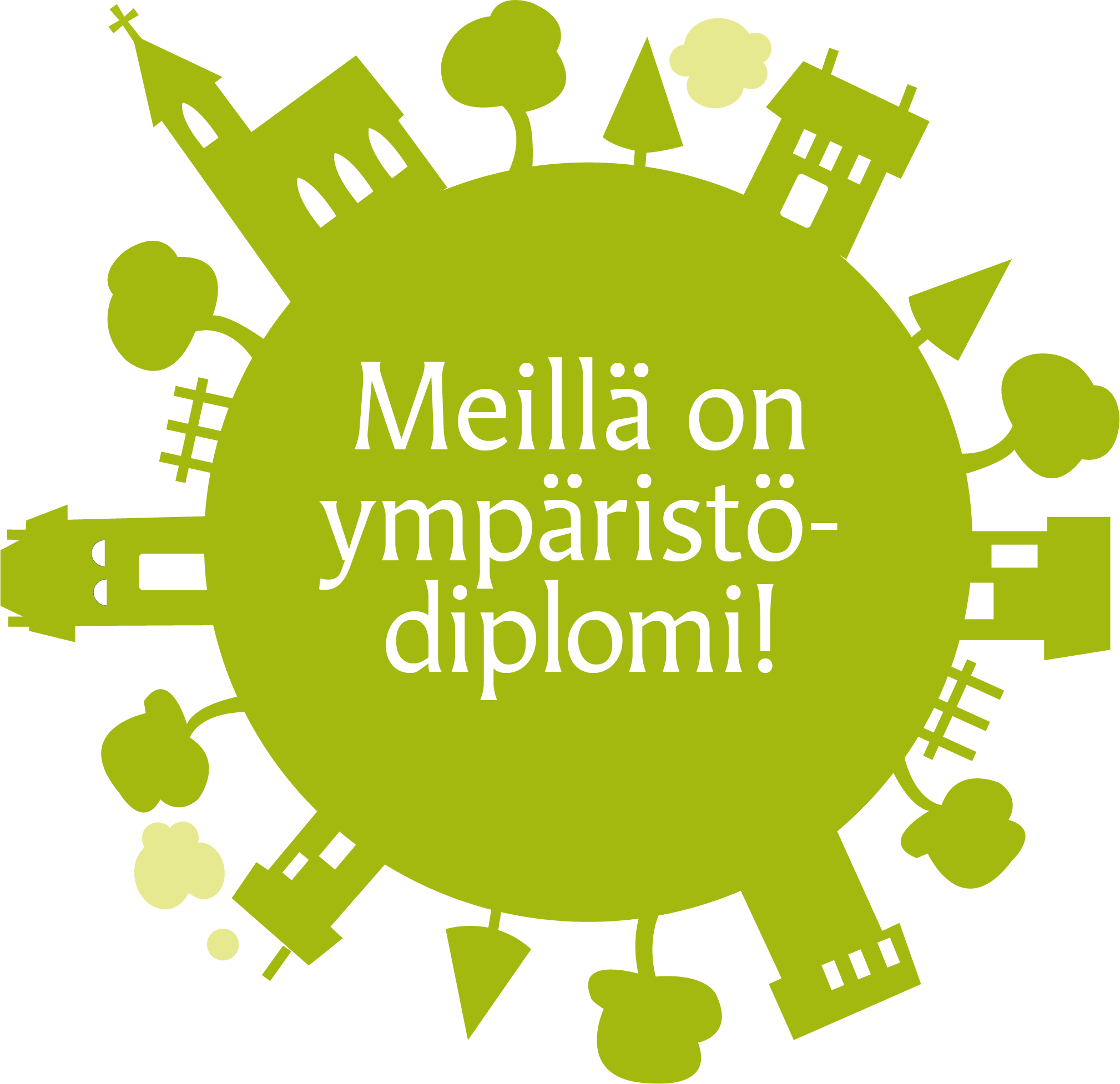 Vihreä maapallo jossa lukee Meillä on kirkon ympäristödiplomi!