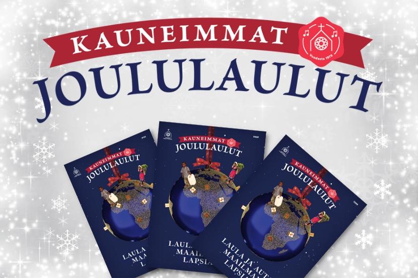 Kauneimmat joululaulut -logo ja lauluvihkojen kansia.