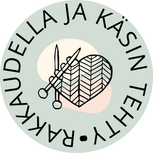Neulottu sydän ja teksti Rakkaudella ja käsin tehty