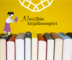 Kuvassa rivi kirjoja, joiden päällä kävelevä nainen kirja kädessään