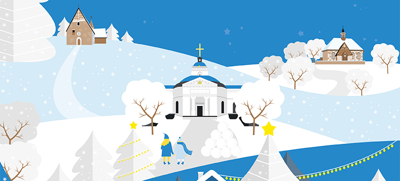 Piirroskuvassa Hämeenlinnan kirkko, taaempana Vanajan ja Rengon kirkot. Kuvassa on talvisen sinivalkoinen t...