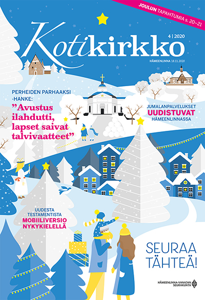 Kotikirkko-lehden 4/2020 kansi, jossa on tavlvinen piirrosmaisema lumisine puineen, ihmisineen ja taloineen...
