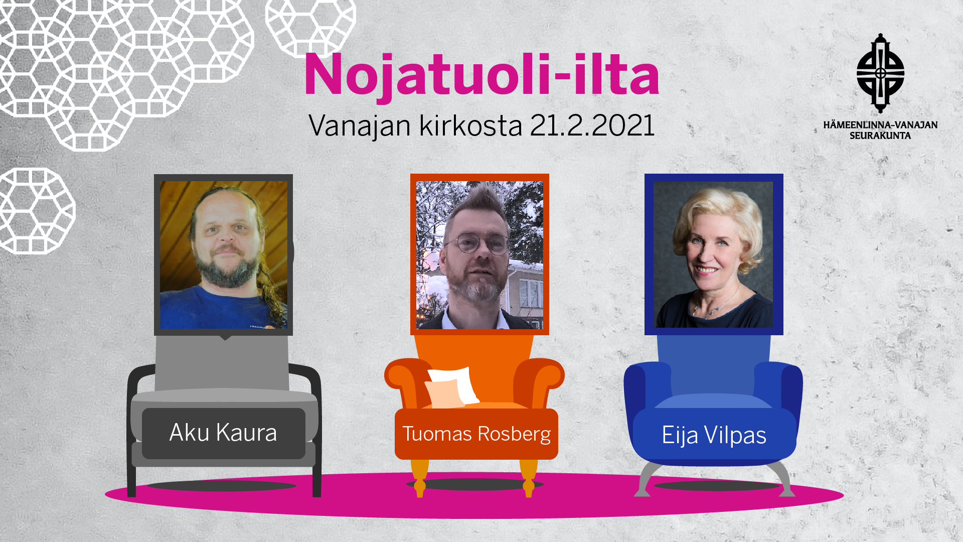 Nuojatuoli-illan 21.2. mainos, kuvissa Aku Kaura, Tuomas Rosberg, Eija Vilpas.