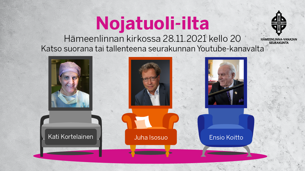 Nojatuoli-illan esiintyjät Juha Isosuo, Kati Kortelainen ja Ensio Koitto.