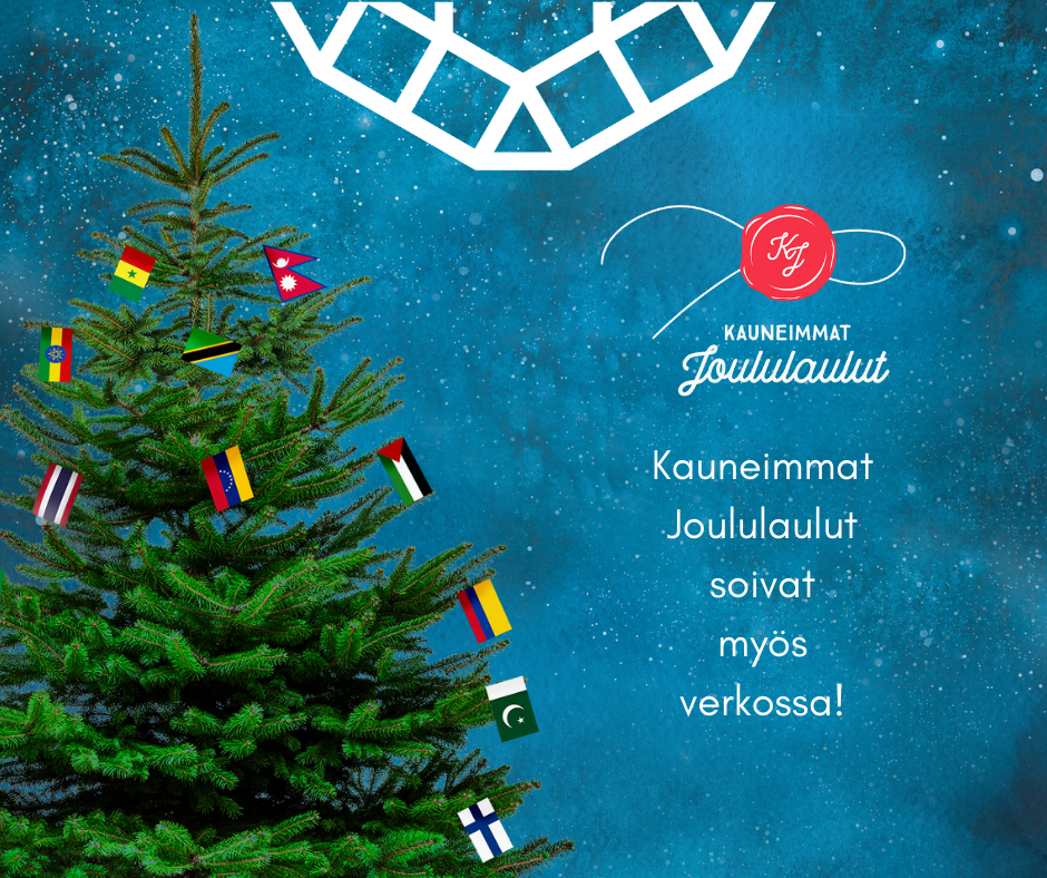 Kuvassa tummansinisellä pohjalla joulukuusi lippukoristeineen, Kauneimmat Joululaulut -logo
