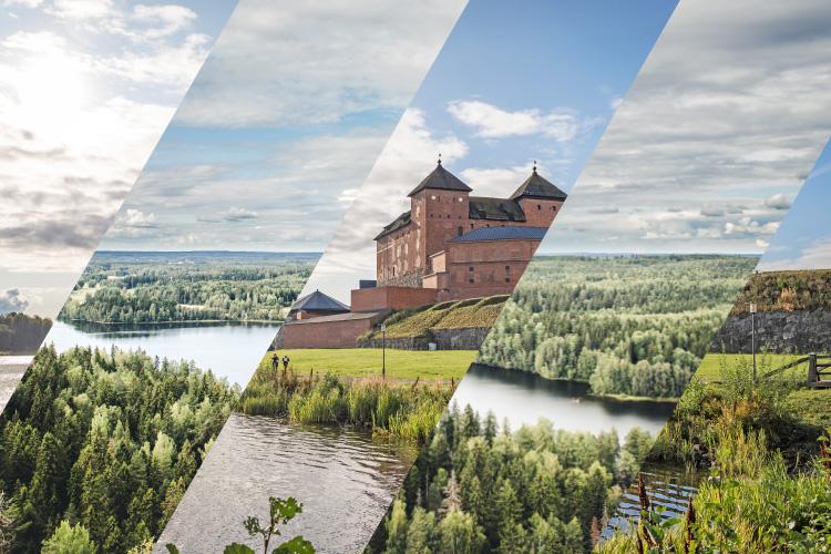 Kuvassa Hämeenlinnan pilvitaivasta, alueen vesi- ja metsämaisemaa ja kuva linnasta.