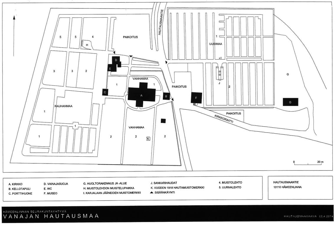 Hämeenlinna-Vanajan seurakunnan Vanajan hautausmaan kartta